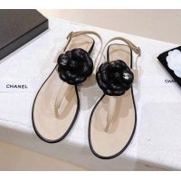 Discount Chanel Leather Flat Sandals with Camellia Beige 071885