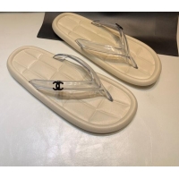 Perfect Chanel Leather Flat Thong Sandals with Side CC Beige 072153