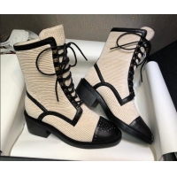 Top Design Chanel Pleated Lace-up Ankle Boots Beige 080889