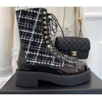 Duplicate Chanel Tweed & Patent Calfskin lace-up Motorcycle Boots Black 081249