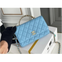 Top Design Chanel MINI FLAP BAG CLUTCH WITH CHAIN Gold-Tone Metal 22SS sky blue
