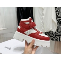 Best Grade Celine Triomphe Leather Platform Boot Sneakers with Strap White/Red 080869