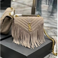 Discount SAINT LAURENT COLLEGE MEDIUM CHAIN BAG IN LIGHT SUEDE WITH FRINGES 5317050 DUSTY GREY