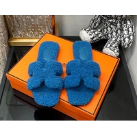 Good Quality Hermes Teddy Fur Flat Slide Sandals Blue 071916