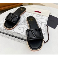 Good Product Valentino VLogo Leather Flat Slide Sandals Black 052458