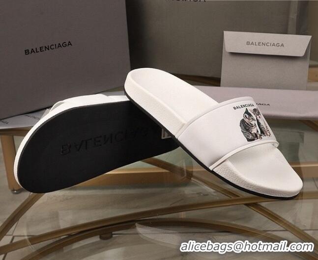 Sophisticated Balenciaga Cats Print Leather Flat Slide Sandals White 052491