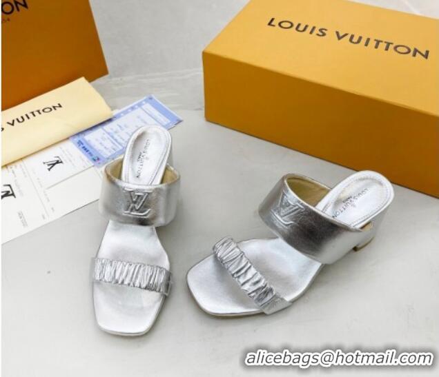 Best Price Louis Vuitton Drapy Block Heel Slide Sandals with Ruching 6.5cm Silver 062031