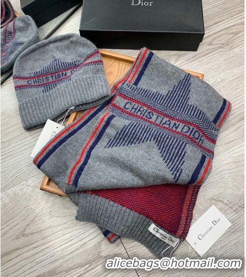 Best Price Dior Star Wool Knit Hat and Scarf Set 092376 Grey 2022