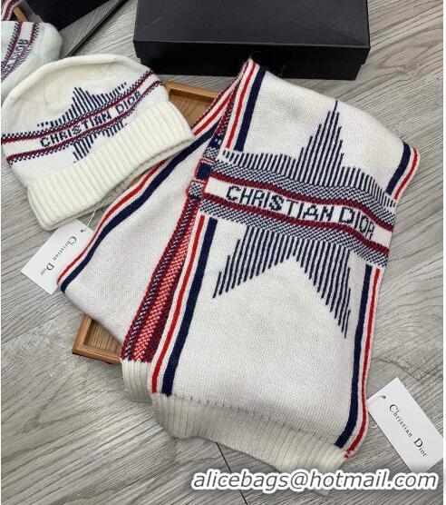 Buy Fashionable Dior Star Wool Knit Hat and Scarf Set 092376 White 2022