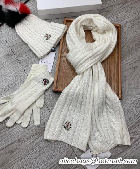 Top Quality Moncler Scarf, Hat and Gloves Three-piece Suit M3053 White 2021
