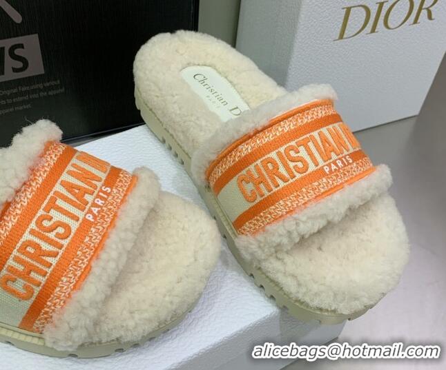 Pretty Style Dior Dway Flat Slide Sandals in Embroidered Cotton and Shearling White/Orange 080947