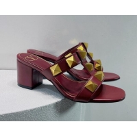 Low Price Valentino Roman Stud Leather Medium Heel Slide Sandals 4.5cm Burgundy 070451