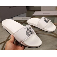 Sophisticated Balenciaga Cats Print Leather Flat Slide Sandals White 052491