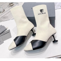 Charming Balenciaga Sock 50mm Ankle Boot in Black Calfskin and Knit Cream White 072004