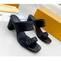 Trendy Design Louis Vuitton Drapy Block Heel Slide Sandals with Ruching 6.5cm Black 062027