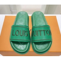 Popular Style Louis Vuitton Signature Leather Flat Slide Sandals Green 062050