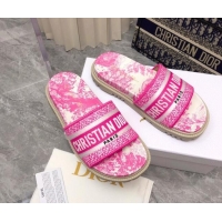 Luxury Discount Dior Dway Platform Slide Sandals in Bright Pink Toile de Jouy Embroidered Cotton 080939