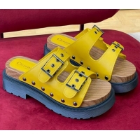 Best Price Dior Diorquake Strap Calfskin Slide Sandals Yellow 081292