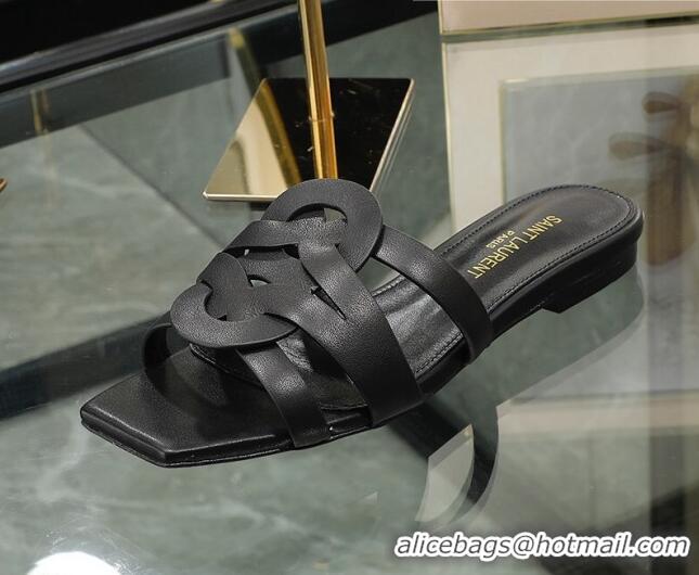 Stylish Saint Laurent Calskin Flat Slide Sandals Black 2070916