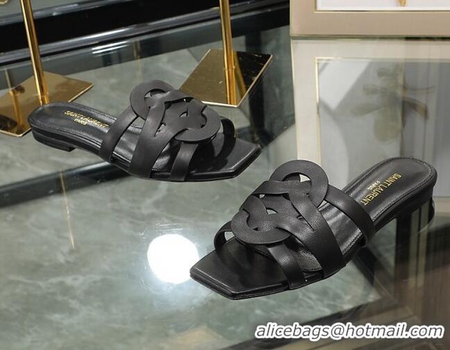 Stylish Saint Laurent Calskin Flat Slide Sandals Black 2070916