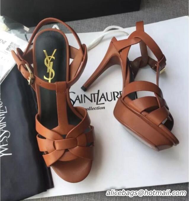 Stylish Saint Laurent Tribute Platform Sandals in Calfskin Leather 82317 Brown