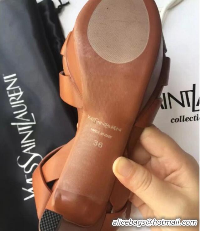 Stylish Saint Laurent Tribute Platform Sandals in Calfskin Leather 82317 Brown