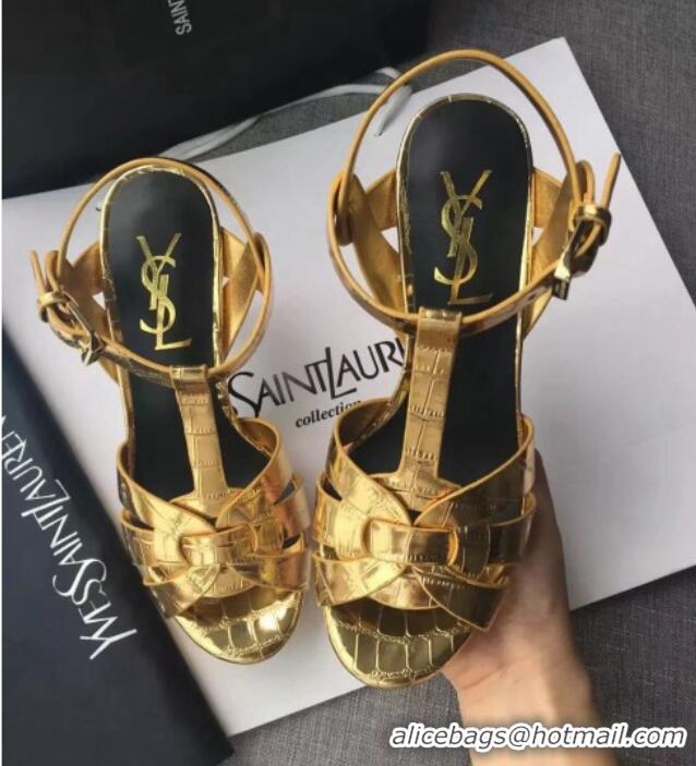 Best Grade Saint Laurent Tribute Platform Sandals in Stone Pattern Leather 82322 Gold