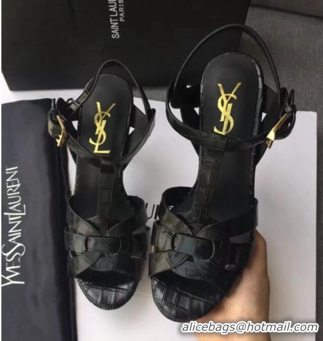 Good Looking Saint Laurent Tribute Platform Sandals in Stone Pattern Leather 82328 Black