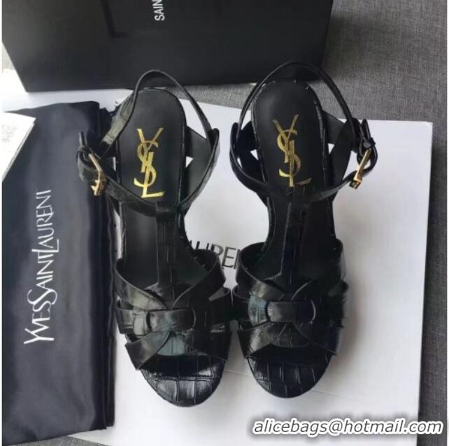 Good Looking Saint Laurent Tribute Platform Sandals in Stone Pattern Leather 82328 Black