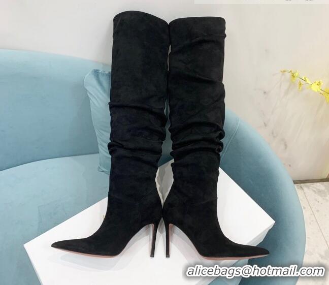 Purchase Amina Muaddi Pleated Suede High Heel Boots 9.5cm Black 100914