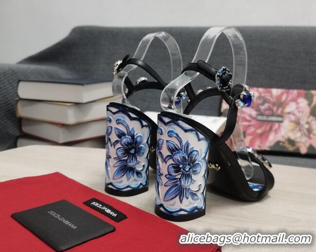 Charming Dolce&Gabbana DG Print Calf Leather High Heel Sandals 11cm Black 082575