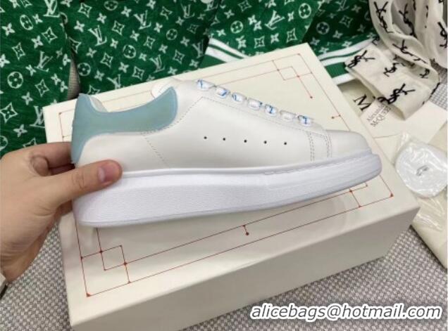Discount Alexander McQueen Oversized Sneakers in White Silky Calfskin with Blue Rubber Back 072308