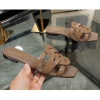 Good Product Saint Laurent Patent Leather Flat Slide Sandals Brown 070907