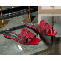 Good Quality Saint Laurent Crystal Leather Flat Slide Sandals Red 070914