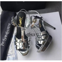 Fashion Luxury Saint Laurent Tribute Platform Sandals in Patent Leather 82311 Silver