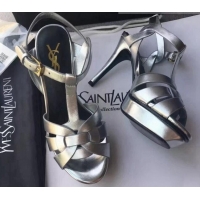 Good Quality Saint Laurent Tribute Platform Sandals in Calfskin Leather 82319 Silver