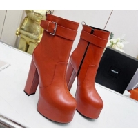 Pretty Style Saint Laurent Cherry Buckle Platform Booties in Smooth Calfskin Leather Brown 0825060
