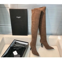 Grade Saint Laurent Suede Over-Knee High Boots 10cm Brown 909131