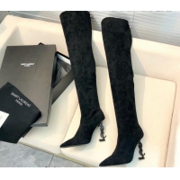 Sumptuous Saint Laurent Suede Over-Knee High Boots 10cm Black 909132