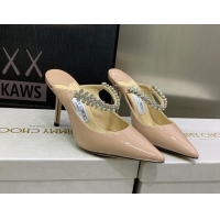 Good Looking Jimmy Choo Patent Leather 8.5cm Heel Mules with Crystal Strap Pink 2070422
