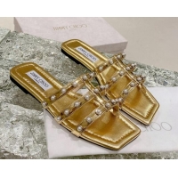 Sophisticated Jimmy Choo Leather Pearls Charm Flat Slide Sandals Gold 082604