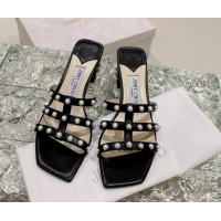 Good Looking Jimmy Choo Leather Pearls Charm Heel Slide Sandals 4.5cm Black 082606