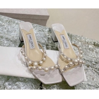 Top Grade Jimmy Choo Amara Leather and Pearls Heel Slide Sandals 4.5cm Silver 2082613