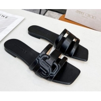 Sumptuous Jimmy Choo Laran Nappa Leather Flat Slide Sandals with JC Monogram Balck 090940