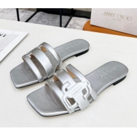 Top Grade Jimmy Choo Laran Nappa Leather Flat Slide Sandals with JC Monogram Silver 2090946