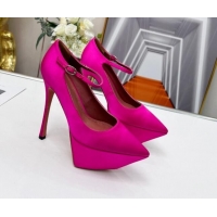 Popular Style Amina Muaddi Silk High Heel Platform Pumps 15cm Fuchsia Pink 0620136