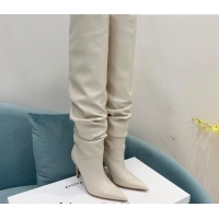 Luxurious Amina Muaddi Pleated Calf Leather High Heel Boots 9.5cm White 100913