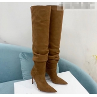 Good Product Amina Muaddi Pleated Suede High Heel Boots 9.5cm Brown 100915