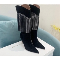 Stylish Amina Muaddi Suede High Boots 9.5cm with Crystal Tassel Black 1013100