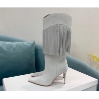 Popular Style Amina Muaddi Suede High Boots 9.5cm with Crystal Tassel Light Grey 1013101